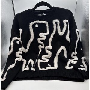 Dinosaur Knit Sweater Womens XS Black White Fuzzy 3D Rex Threaded Leaf
